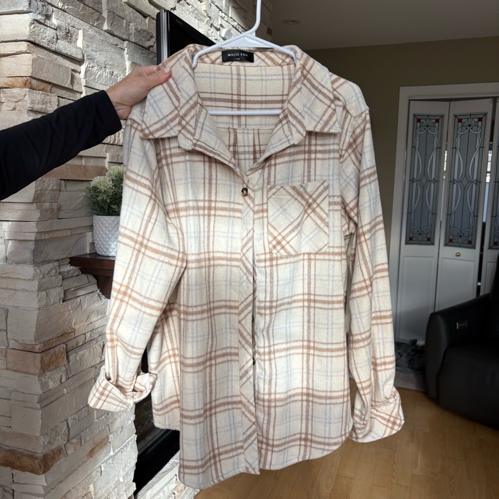 White Fox Boutique Cream and Brown Plaid Shirt